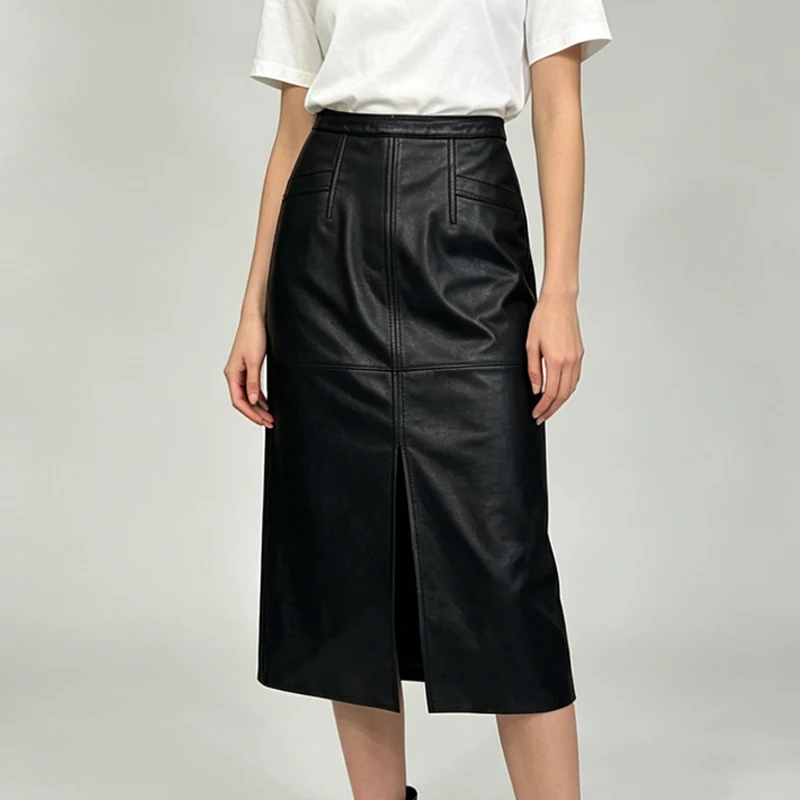 100% Real Leather Skirt Women 2026 Fashion High Waist Package Hip Front Slit Mid-length Skirt Chic Lady Vegetable-Tann Sheepskin