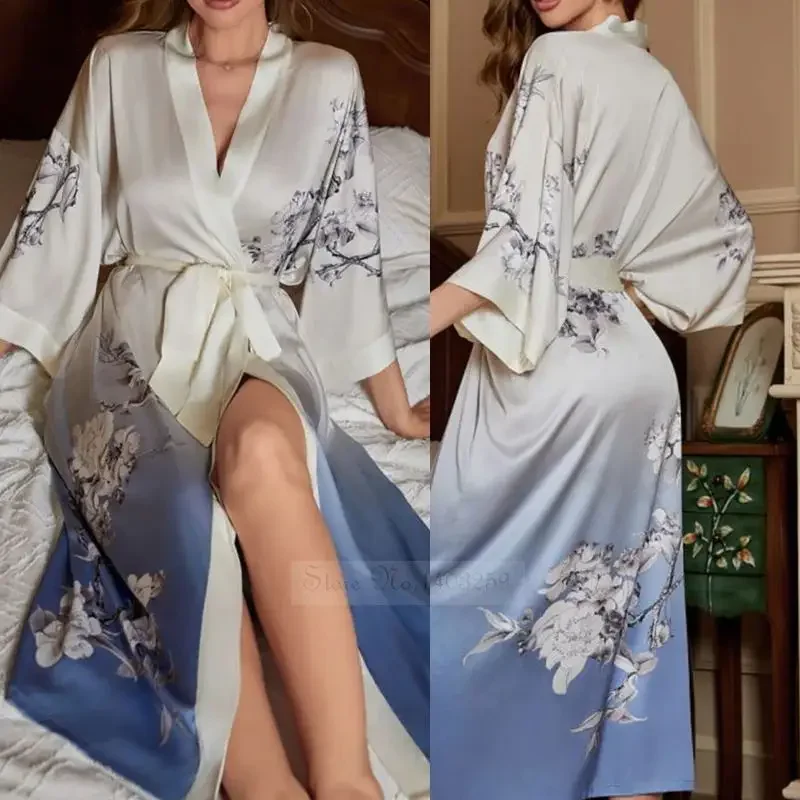 Plus Size Women\'s Long Robe Sleepwear Print Flower Kimono Bathrobe Gown Spring New Night Dress Home Wear Casual Satin Loungewear