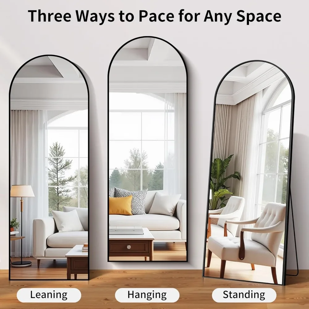 Gewölbter Bodenspiegel in voller Länge, 65 x 24 Nano-Glas mit Aluminiumrahmen, großer Schminkspiegel für Zuhause