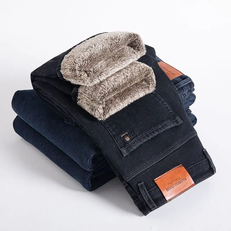 Winter Fleece Warm Men's Jeans Business Fashion Straight Blue Stretch Denim Trousers Classic Men's Pants Plus Size 30-40
