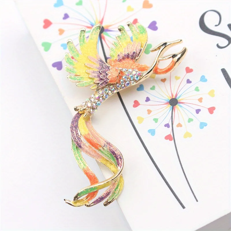 Fashion Delicate Brooch Rhinestone Hundred Birds Long Tail Phoenix Pin Color Painting Oil Suit Accessories