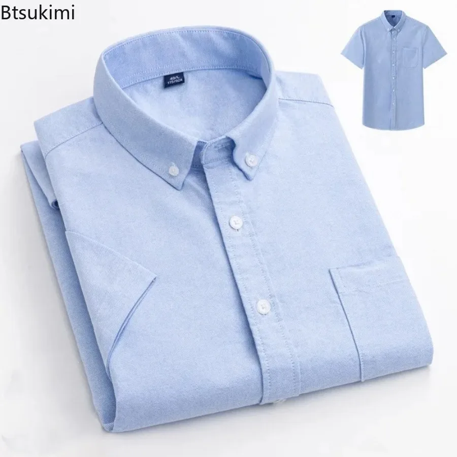 Summer 100% Cotton Oxford Shirt for Men Fashion Short-sleeved Soft Comfort Slim Business Casual Social Blouse Men's Dress Shirts