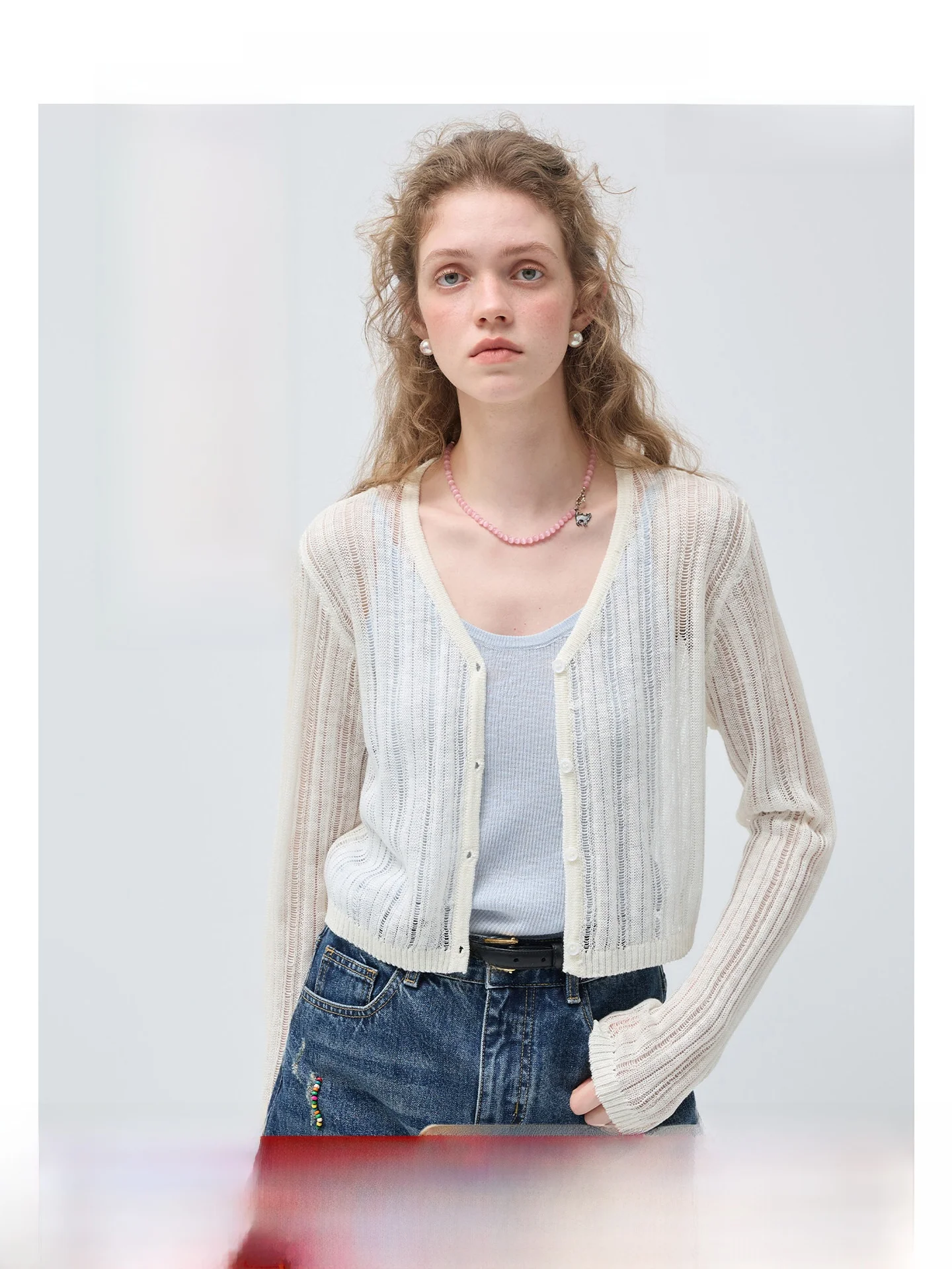 

Vega Chang Women's Lyrical Knitted Open Cardigan V-Ne Hollow out Spring 2026 New Sle Korean Straight Tube Long Sve