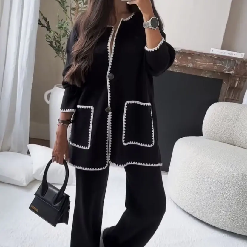 Autumn and Winter Women Set Long Sleeve Single Breasted Tops and Wide Leg Pants 2 Piece Sets Womens Outfits Ankle-Length Pants