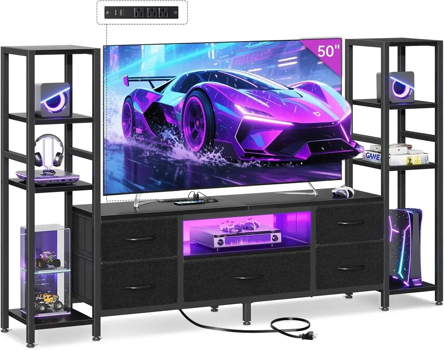 TV Stands for 40/43/50 Inch TV, Entertainment Center with LED Lights & Power Outlets, TV Stand Living Room with 5 Fabric Drawers