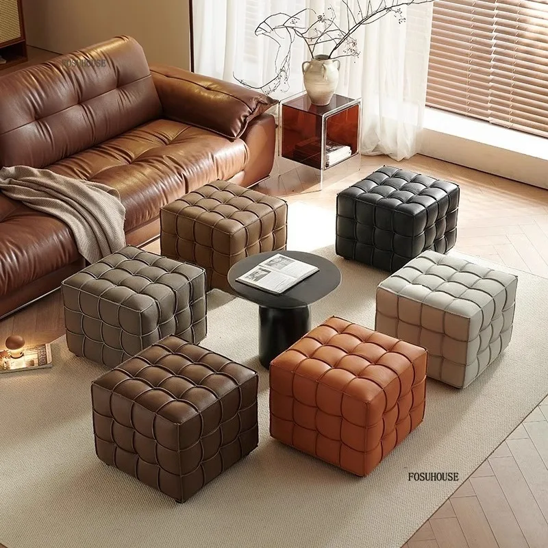 Italian Leather Bedroom Bench Lattice Splicing Combination Seat Simple Living Room Bedroom Shoe Changing Stools Home Furniture