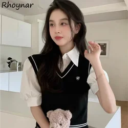 Crop Sweater Vest Women Vintage Slim Preppy Style Tender Panelled Girlish Fashion Sleeveless Knitted Ulzzang Casual Soft Mujer