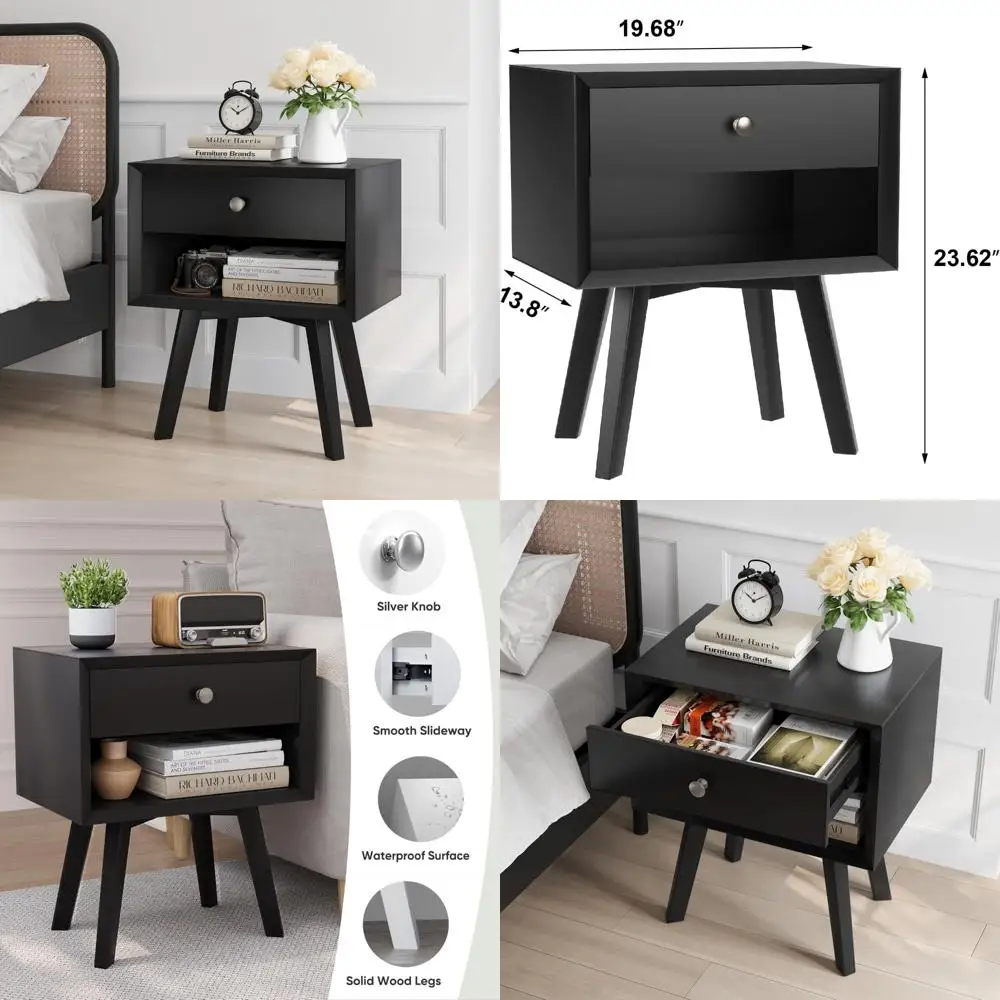 

Black Nightstand, Mid Century Modern Bedside Table with Drawer, Wood End Table for Small Space, Night Stand for Bedroom