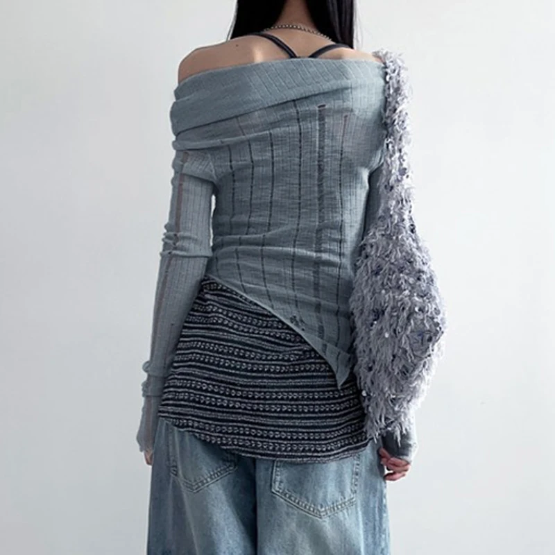 CIBBAR Autumn Off-shoulder Ripped Sweater y2k 2000s Bandage Irregular Women Jumpers Vintage Slash Neck Pullovers Knitwears Basic