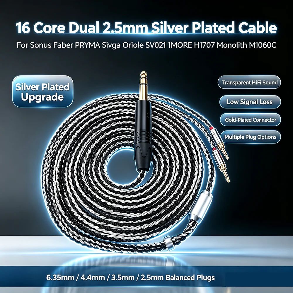 Dual 2.5mm 16 Core Silver Plated Upgrade Headphone Cable, Compatible with Sonus Faber PRYMA Sivga Oriole SV021 1MORE H1707 M1060