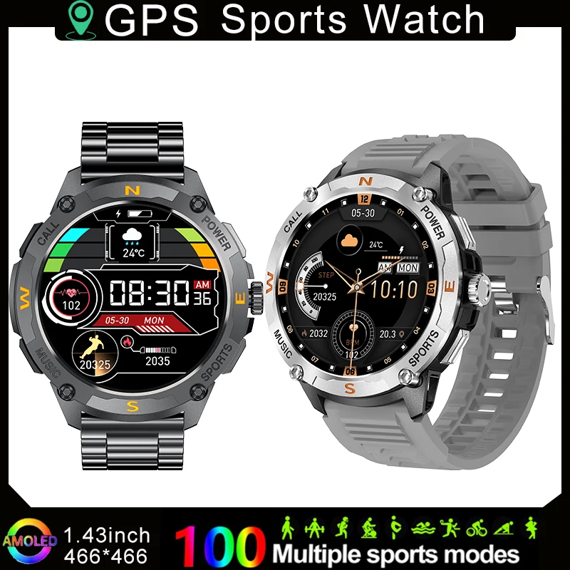 

2025 Новые GPS Смарт-часы для мужчин AMOLED HD Экран Высота Компас Сердечный ритм Спортивные часы BT Вызов IP67 Водонепроницаемые умные часы