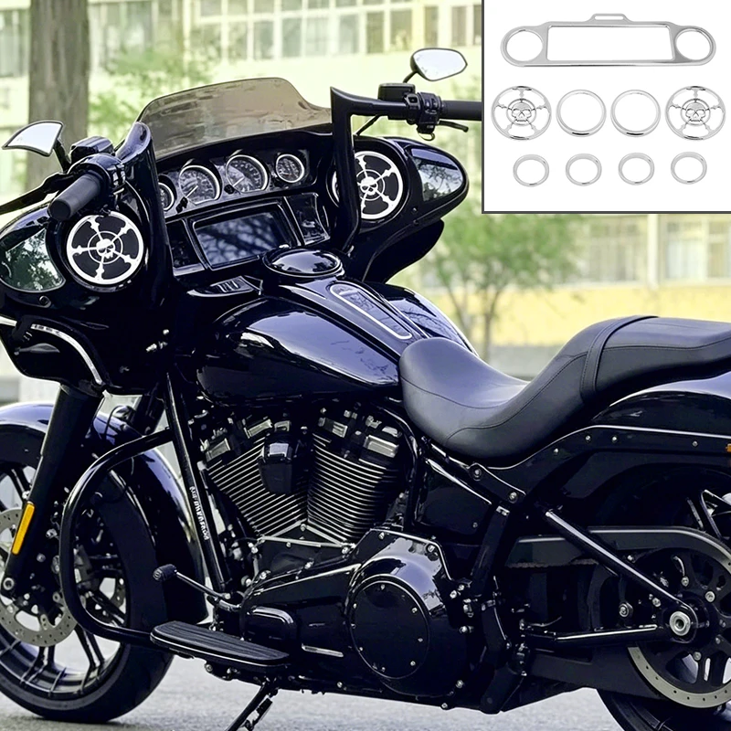 Chrome Instrument Trim Kit Skull Speaker Grill Gauge Rings for Harley Touring Electra Road Street Glide Road King 1996-2013