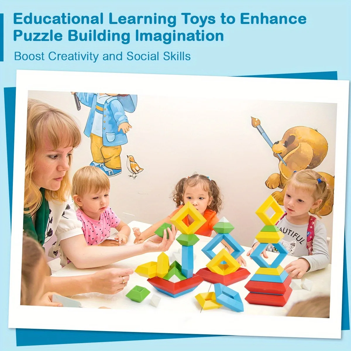 مجموعة مكعبات التراص الهرمية الملونة - ألعاب ألغاز حسية جذعية تعليمية للأطفال لمرحلة ما قبل المدرسة، مكعبات بناء كبيرة تتسع لـ 3+