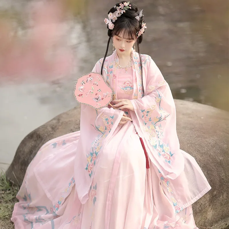 

SY11 Hanfu женский древний костюм в китайском стиле розовый с большим рукавом вышитый танцевальный костюм женский