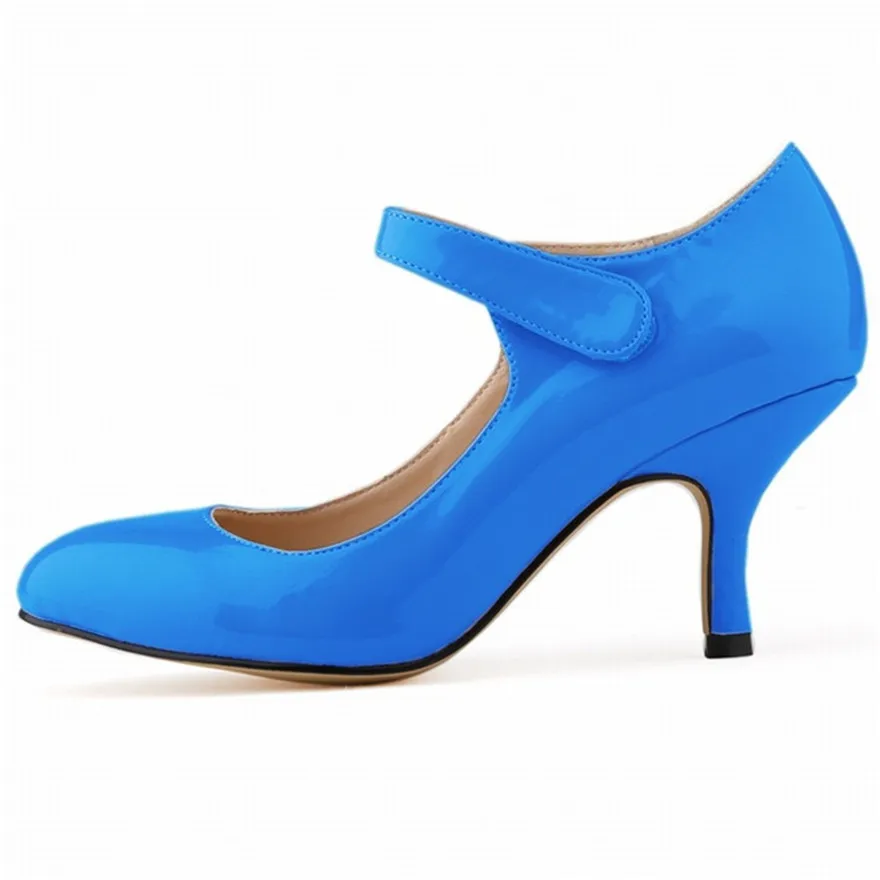 Hot New 14 Colors Hooks&Loop Casual Women Shoes Round Toe Patent Leather Concise High Heels Pumps Ladies Shallow Work Bride Shoe