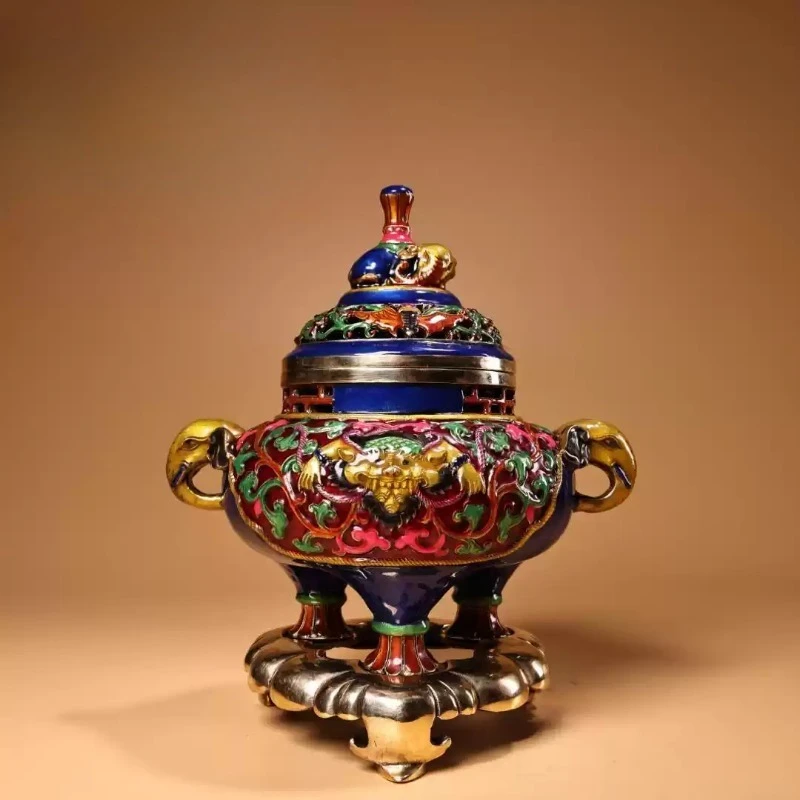 Antique Folk Art Incense Burner Cloisonne Copper, Chinese Zodiac Tripod Censer with Handles, Vintage Collectible Home Decor