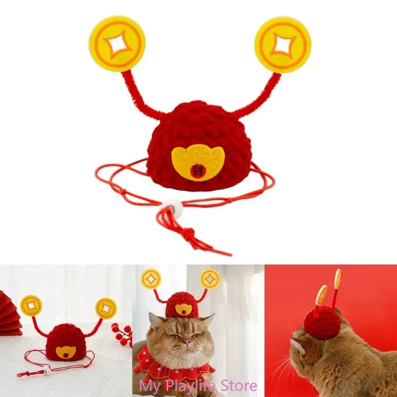 Festive Cat Hat The-God-of-Wealth Costume Chinese New Year Photo Props Accessories Pet Headwear Adjustable Cap for Cosplay