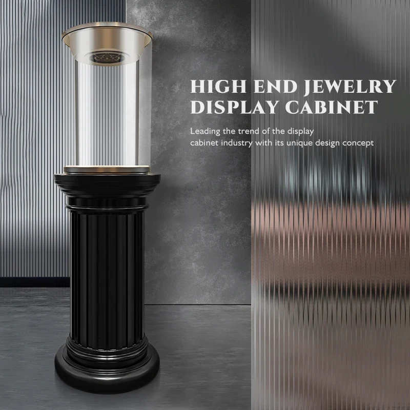 custom.Price High-end Black Cylindrical LED Jewelry Display Cabinet Stainless Steel Tempered Glass Luxury Retail S