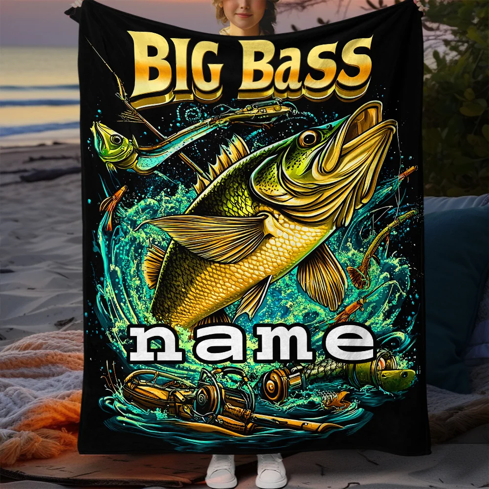 Custom Name Fierce Fish Flannel Blanket, suitable for sofa, bed, birthdays, fishing enthusiasts, friends, gifts