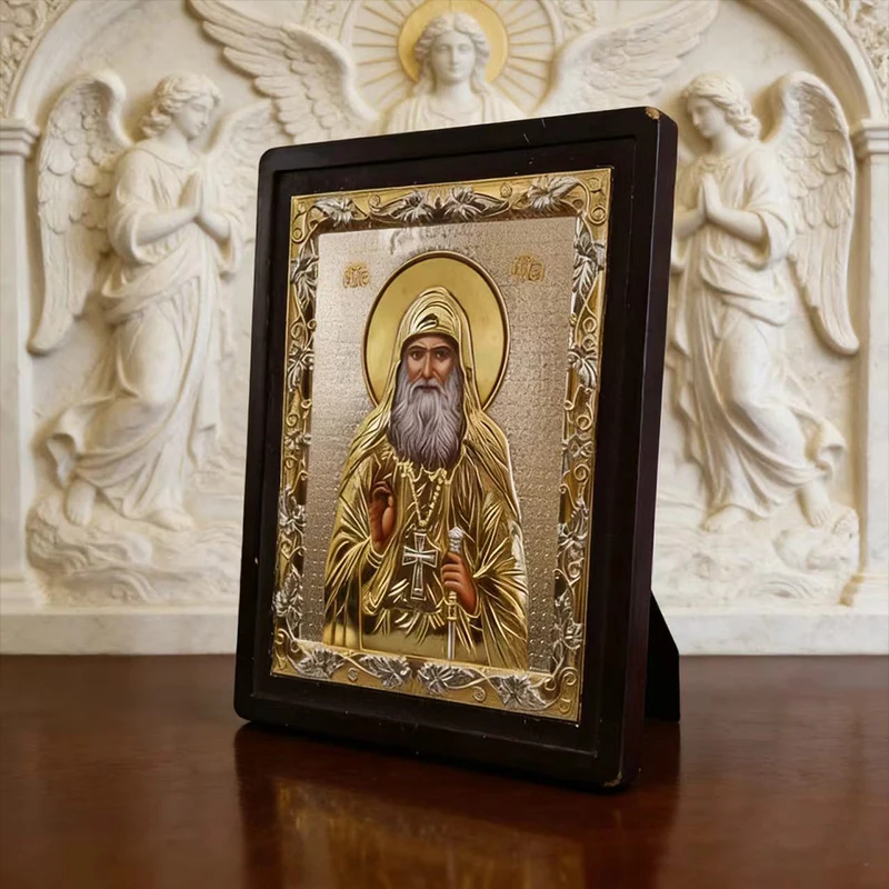 

New Gold Silver Plated Orthodox Church Saint Icon with Wooden Frame for Liturgy Home Altar Prayer Devotion Christian Gift Decor