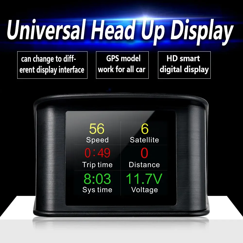 Universele Head-Up Display GPS-snelheidsmeter met rijsnelheid, spanning, totaal aantal kilometers, rijtijd, oversnelheidsalarm voor alle auto's