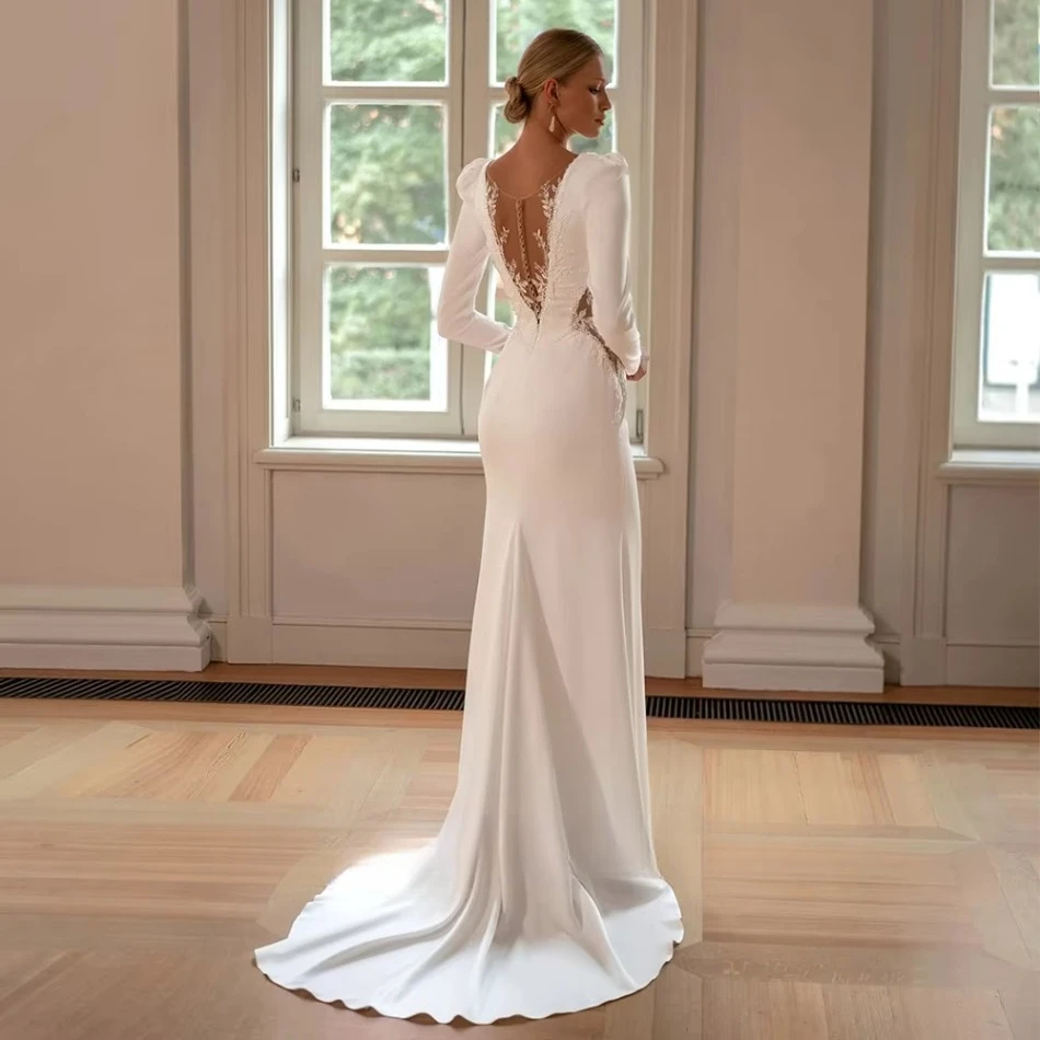 Satin Wedding Dress Long Puff Sleeves Deep V Neck Lace Applique Mermaid Bridal Gowns Low Back Sweep Train Bride Vestido De Noiva