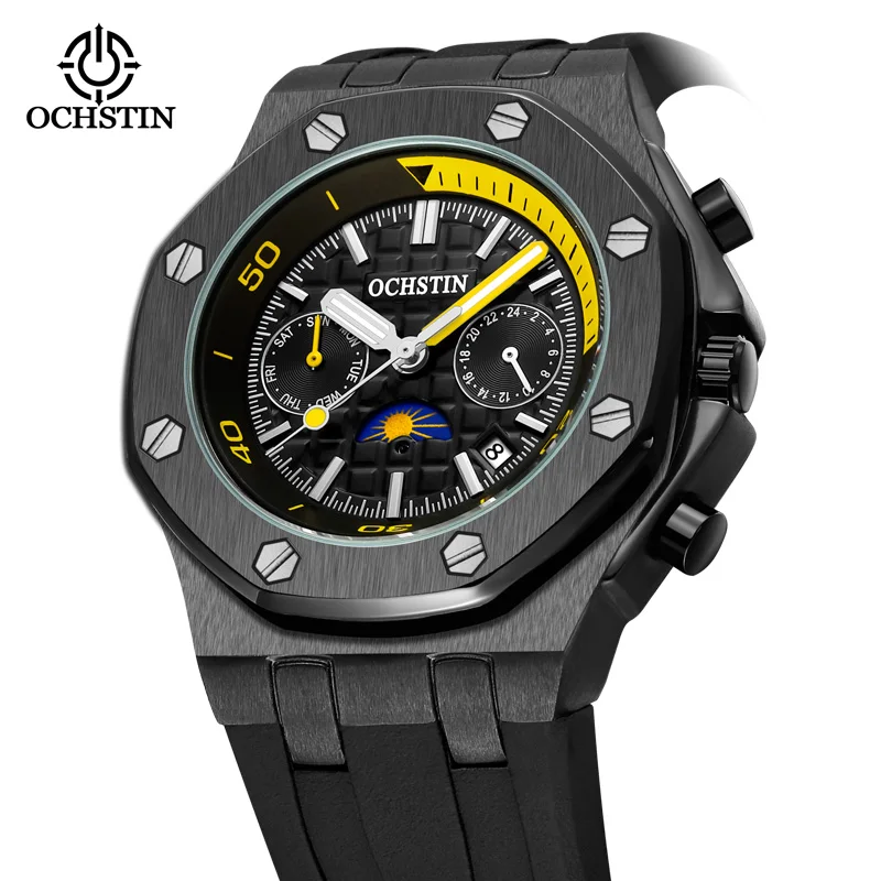 OCHSTIN Men Watch Automatic Luxury Octagon Brushed Case Date Day AM PM Dial Luminous Hands Male Dress Mechanical Wristwatch Gift