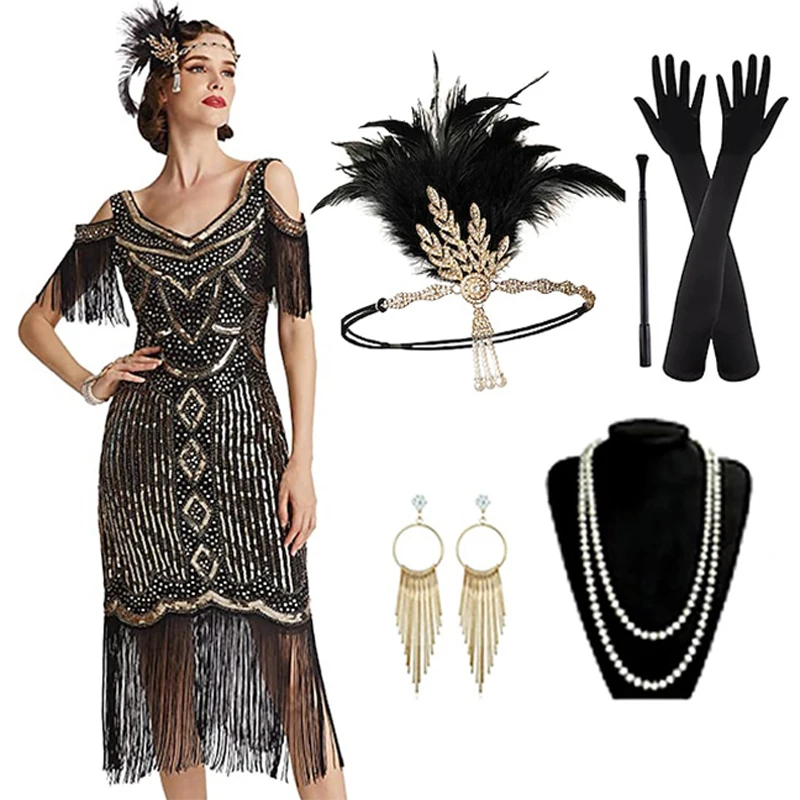 Retro Vintage Roaring 20s 1920s Flapper Dress Cocktail Dress Flapper fascia accessori Set paillettes da donna