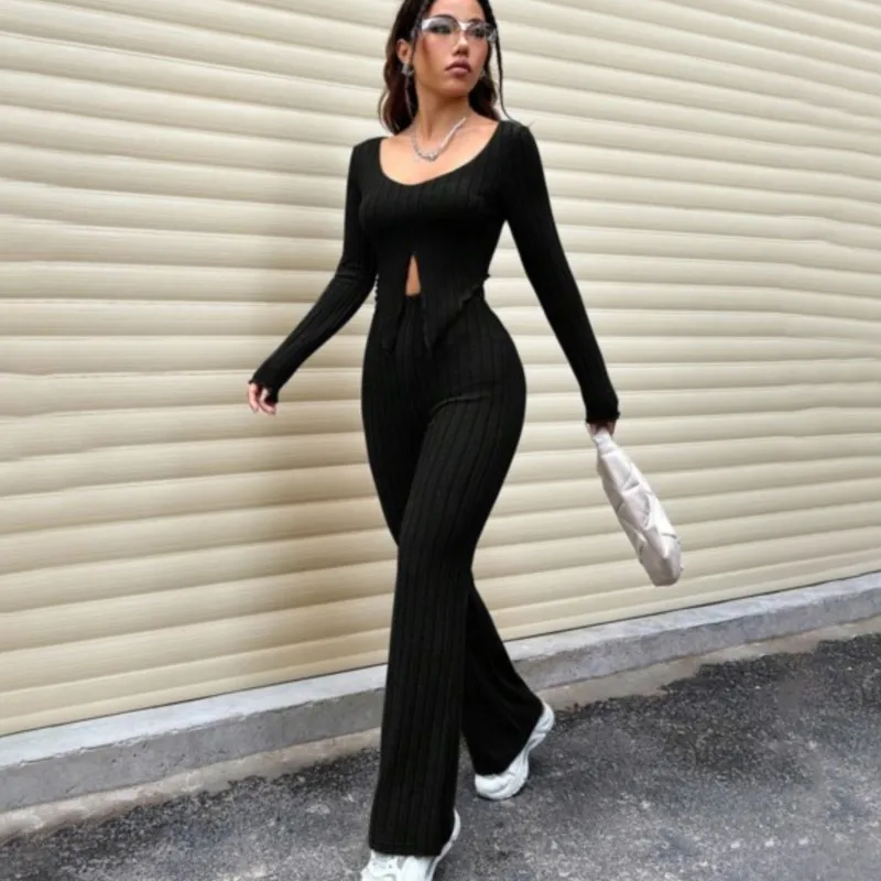 Casual Long Sleeve Knitted Suit High Waist Slim Fit Trousers Office Women Fashion Elegant Slim Fit Top Trousers 2 Piece Suit