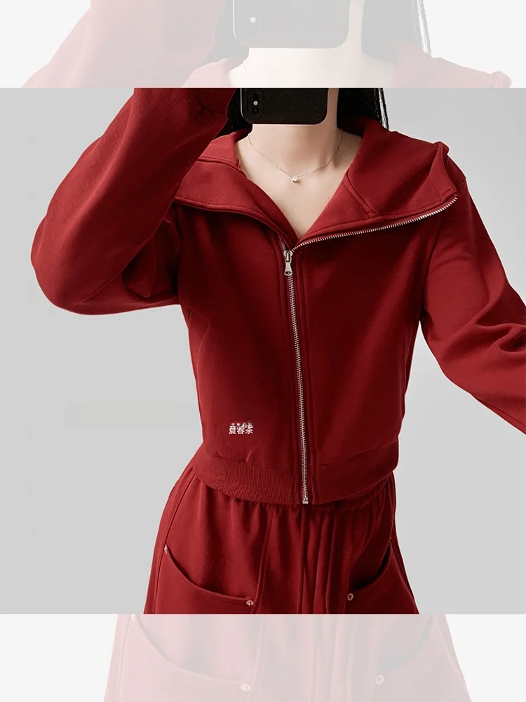 

Толстовка на подкладке Thiened Fce, женская спортивная повседневная толстовка, красная верхняя одежда, весна-лето, чайный бренд, уличная застежка-молния