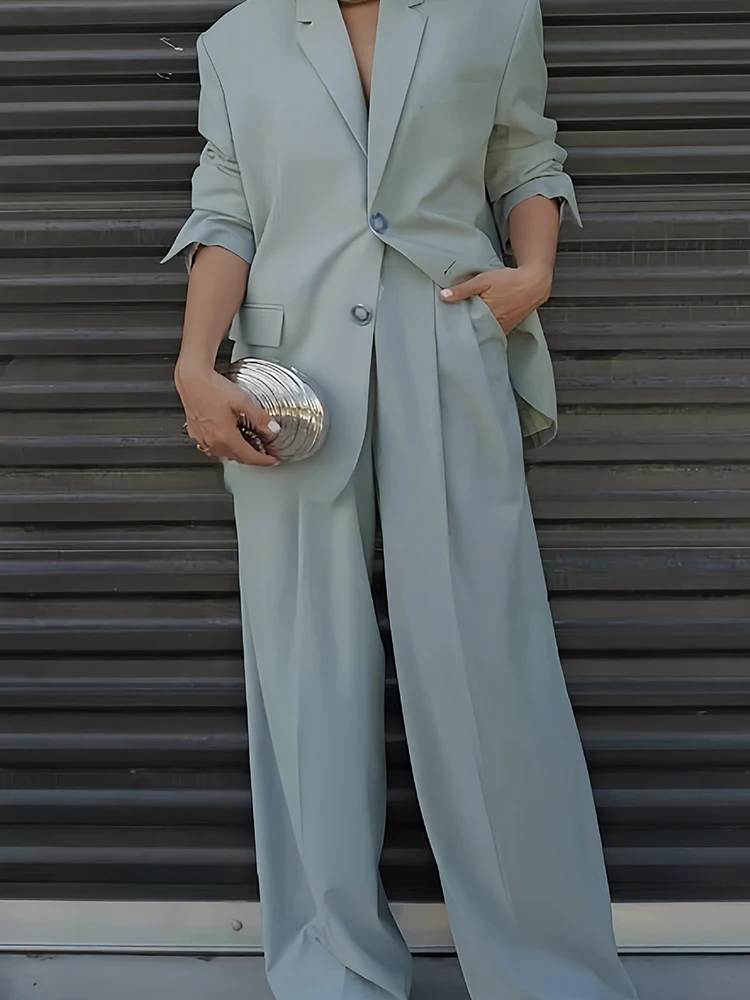 Elegant Lady Button Pocket Pants Outfit Casual Solid Long Sleeve Blazer&Wide Leg Pants Set Fashion Women Loose Commute Two Piece