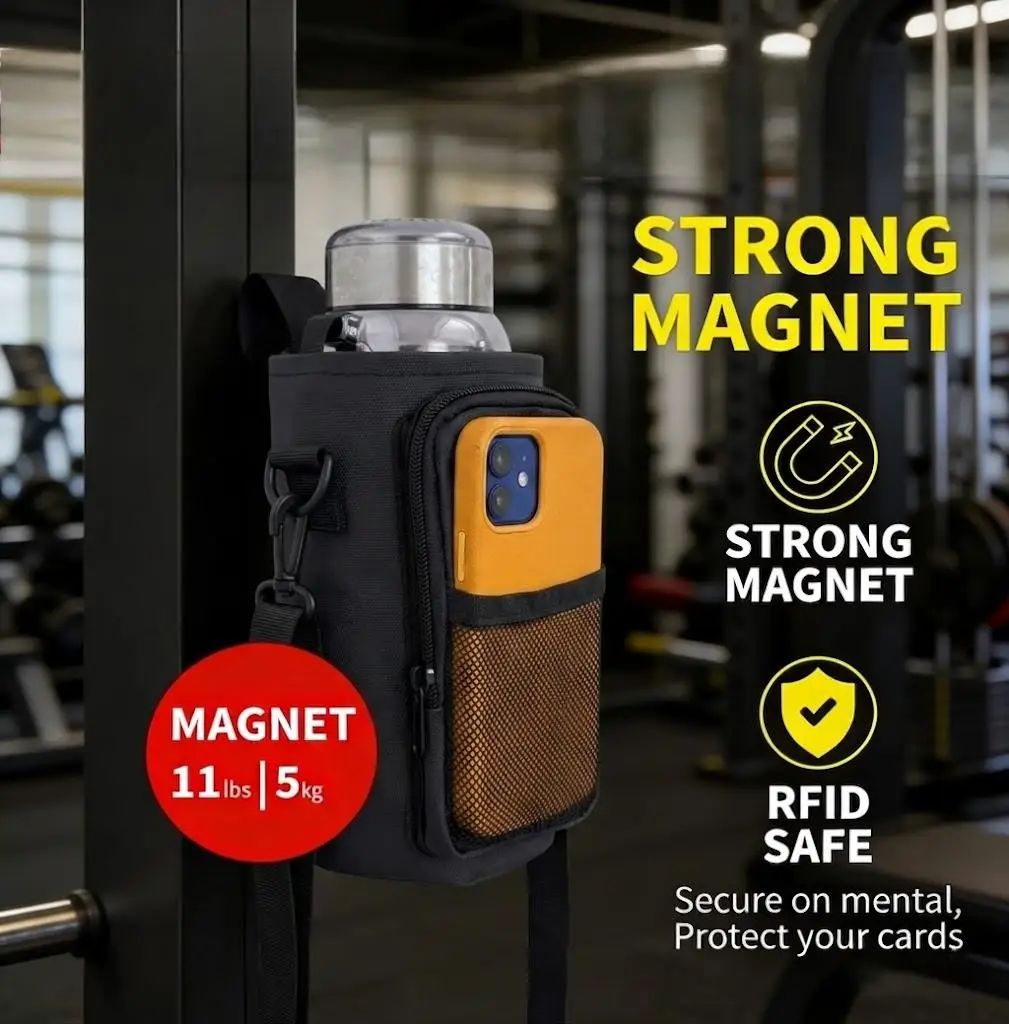 Upgraded Magnetic Water Bottle Holder with Phone Pocket, Strong Magnet, RFID Safe, Adjustable Strap for Gym Workout image 4