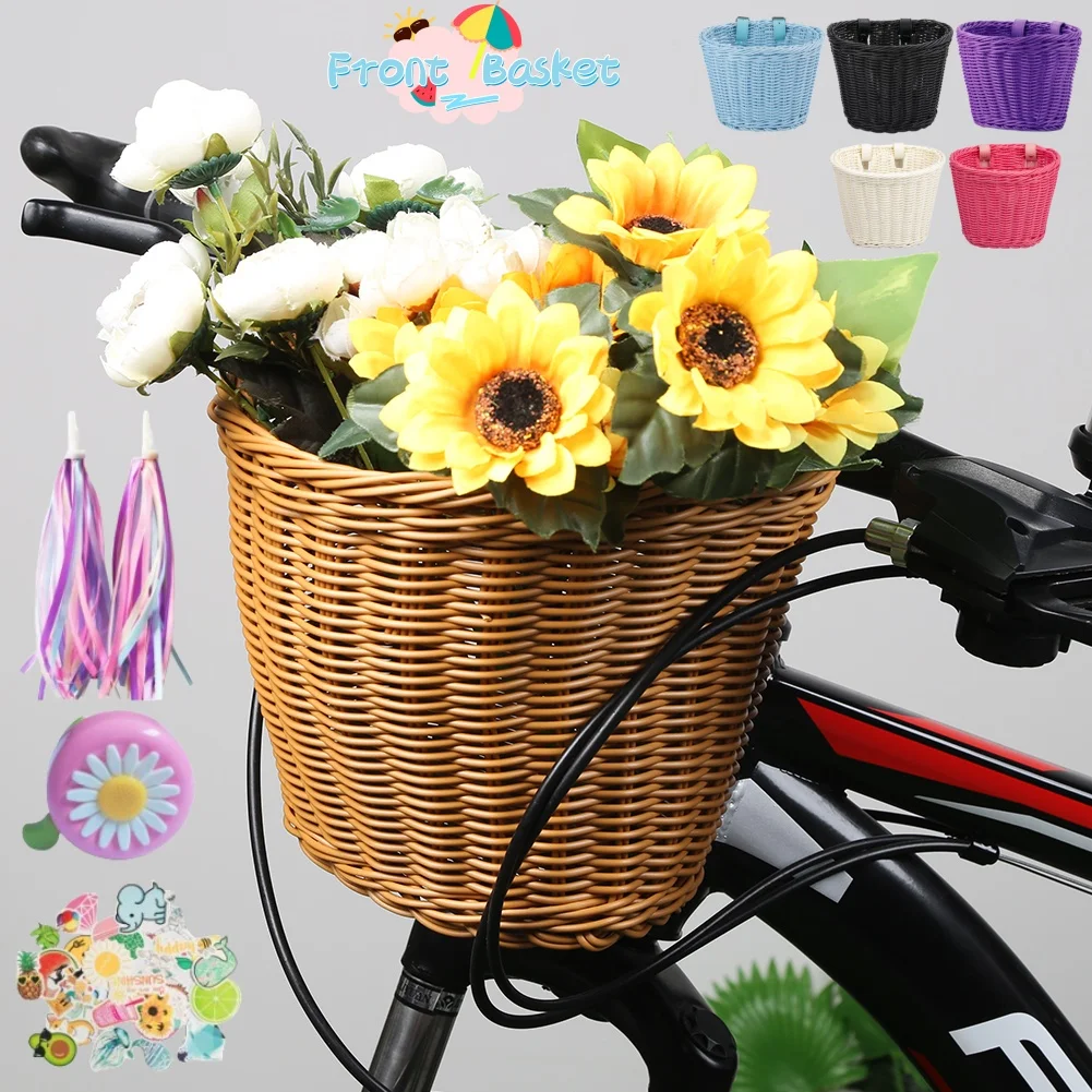 

Rainbow color Bicycle Basket+Bell+Tassel+Stickers for Kid Front Handlebar Rattan Picnic Basket Plastic Bike bag Water Bottle Dol