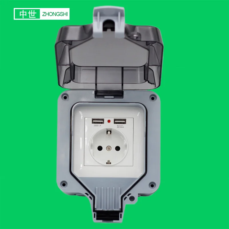 IP66 Outdoor Waterproof Socket  stormproof Socket 16A 220V 2 Euro France Receptacle with 2 USB  #MP21 EU standard wall Socket