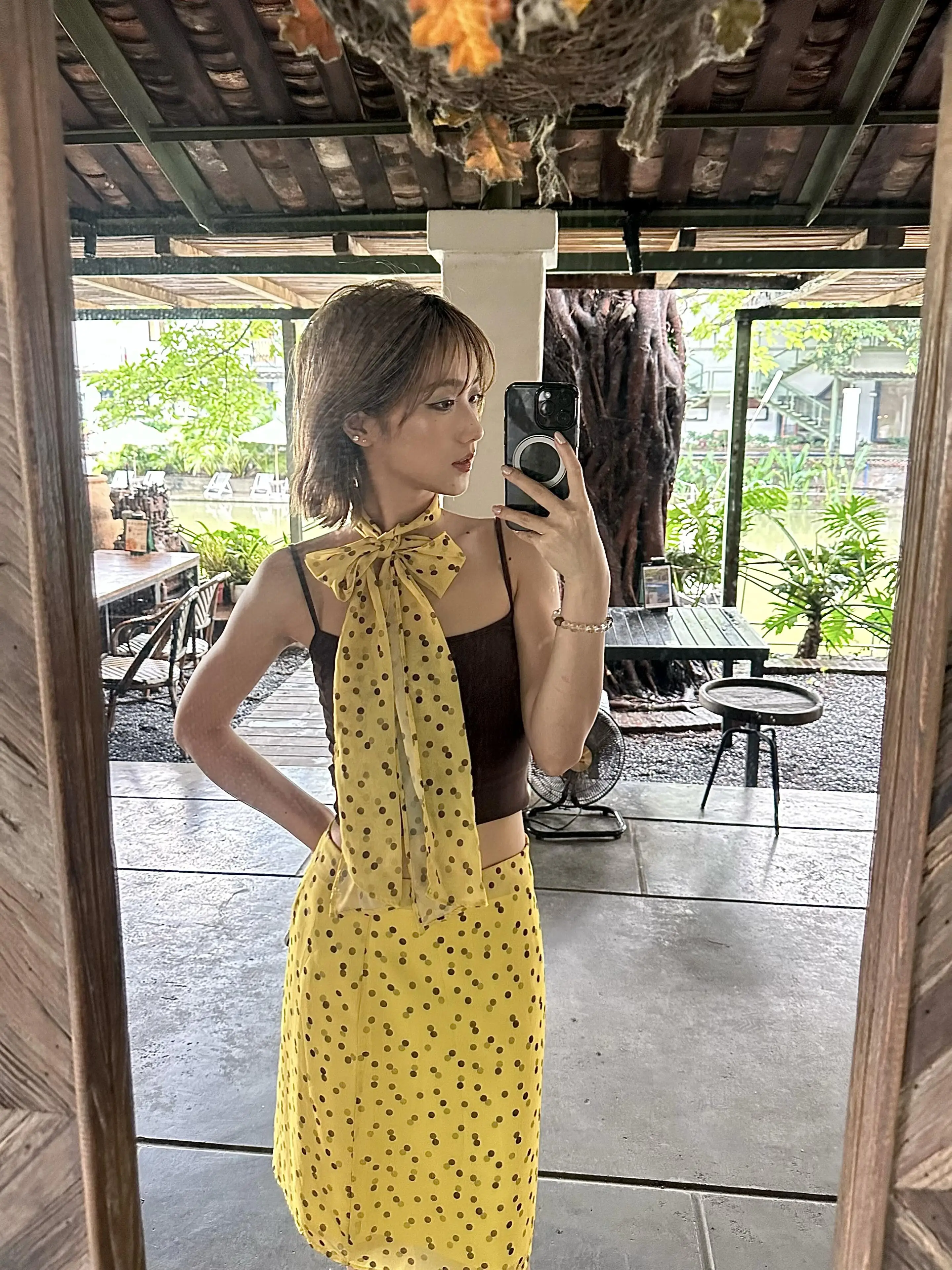 American Style Yellow Chiffon Polka Dot Half Skirt Women's Summer New Hip Covering A-Line Skirt City Commuting Casual Skirt