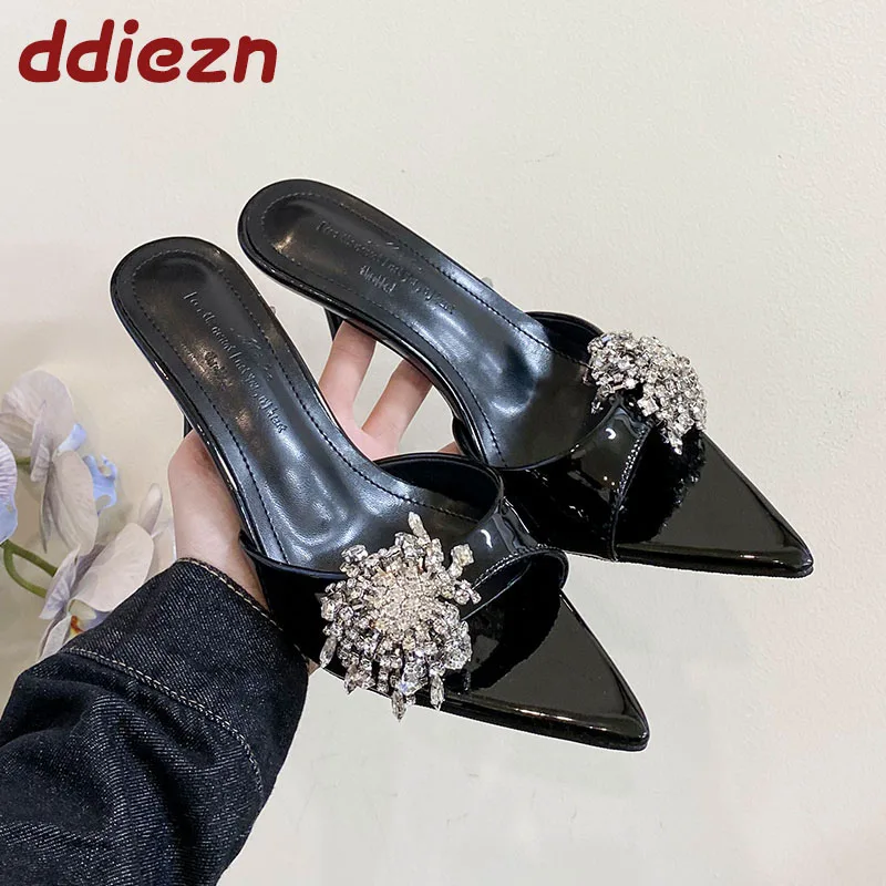 

Female Slip On Footwear Pumps Ladies High Heels Shoes Luxury Fashion Rhinestones Pointed Toe Women Thin Heels Slides Shoes