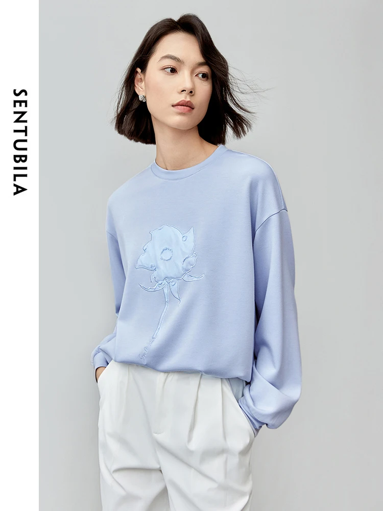 SENTUBILA Patch Embroidery Sweatshirt Fall Women Cotton Knit Pullover Loose Fit Casual Crew Neck Long Sleeve Tops 143A56380