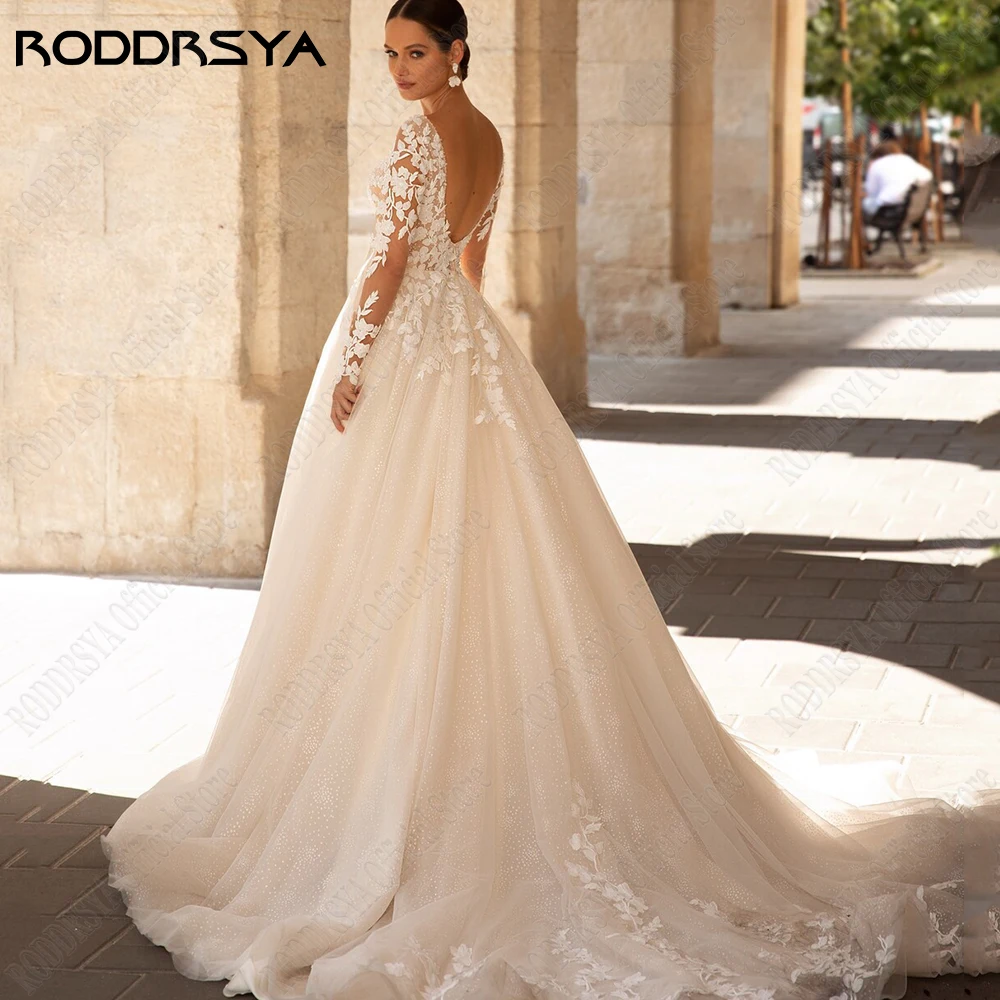 RODRSYA Exquisite Vestidos de Noiva Mangas Longas Sexy Backless Vestidos de NoRODDRSYA Requintados Vestidos De Casamento Mangas Compridas Sexy Backless Vestidos De Noiva Applique Princesa Tulle A-Line vestidos de novia