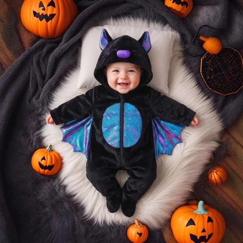 Sparkly Wing Bat Jumpsuit Halloween Baby Romper Black Hooded Fleece Costume Newborn Infant Toddler Purple Blue Wings Outfit