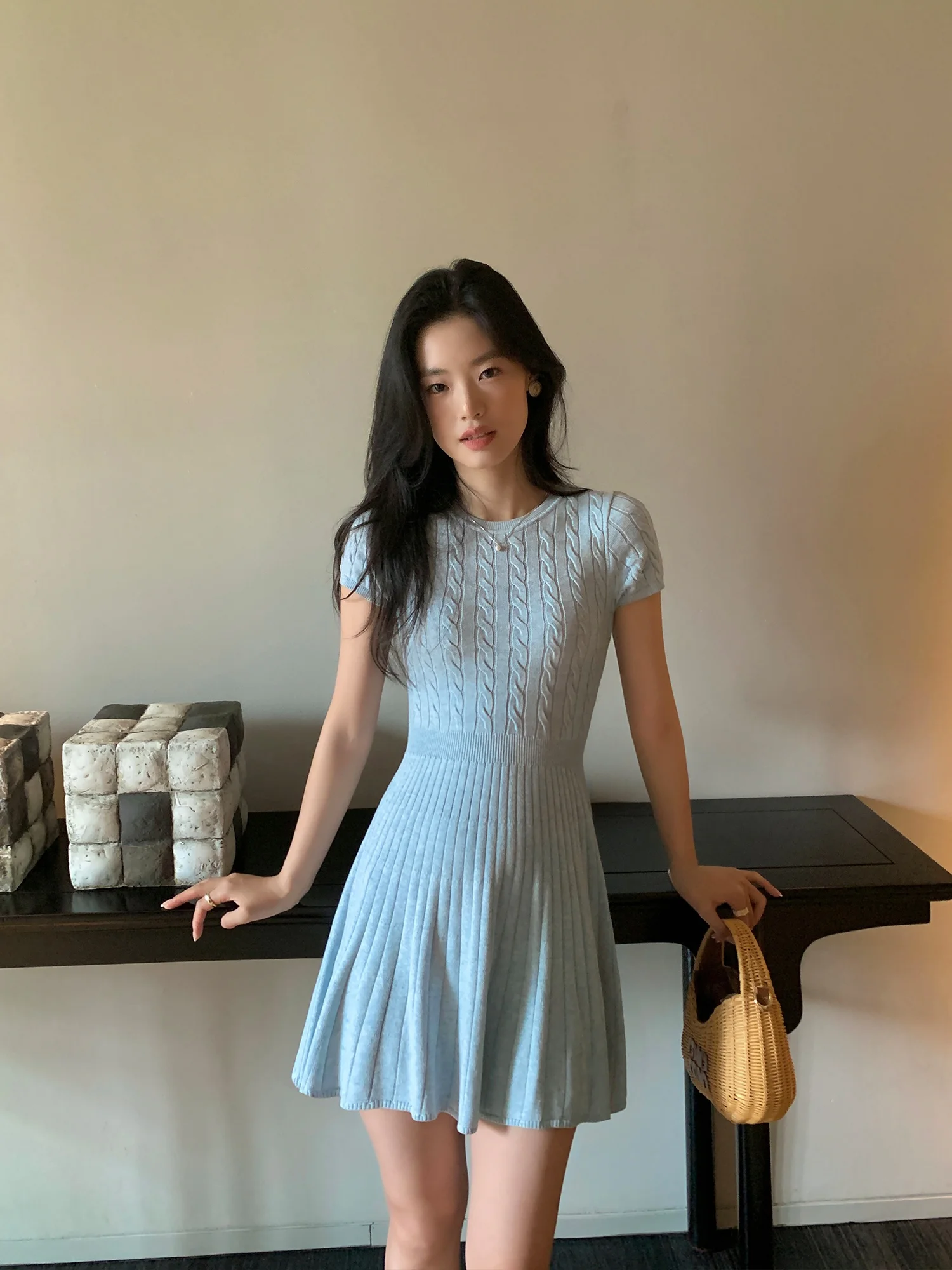 

Pusumede Vintage Short Sleeve Knitted Dress Women's Summer New Design Short Skirt Waist-Cinching Dress Elegant A-Line Skirt