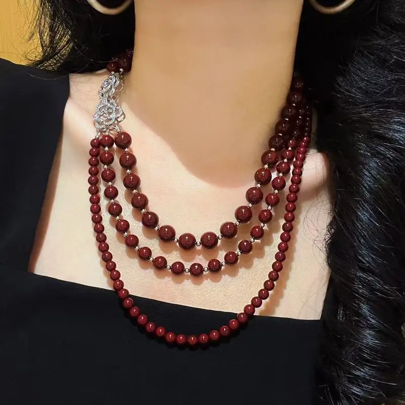 High-quality Ankara red pearl multi-layered necklace and sweater chain