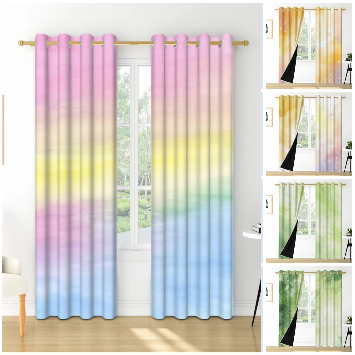 2pcs/set Gradient Rainbow Curtains Ombre Colorful Window Modern Home Living Room Bedroom Decoration Polyester Blackout Curtains
