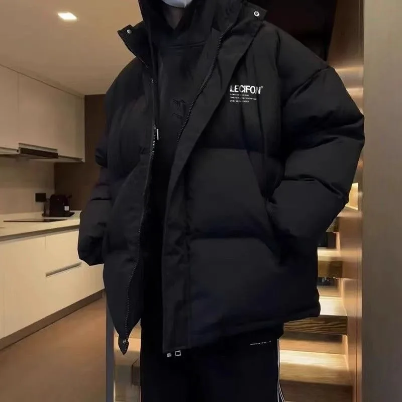 ​Asian Streetwear Cotton Coat 2025​  Oversized Loose Print Jacket for Men No Hood Design with Warm Fleece Lining