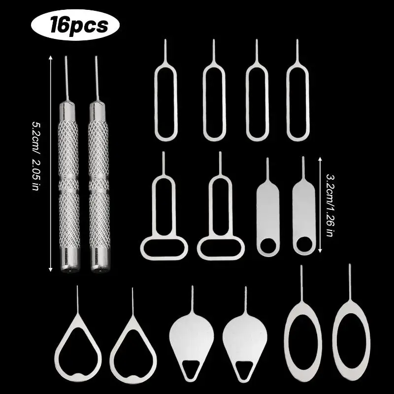 16Pcs/Set SIM Card Eject Pin Universal Steel Mobile Phone Tray Opener Needle with Keyring Tool