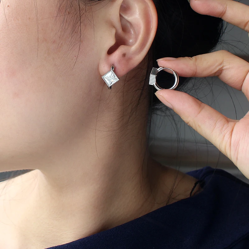 New Women Stainless Steel Rhombic Silver Earrings Luxury Exquisite Cubic Zirconia Hoop Earring Temperament Jewelry Gift