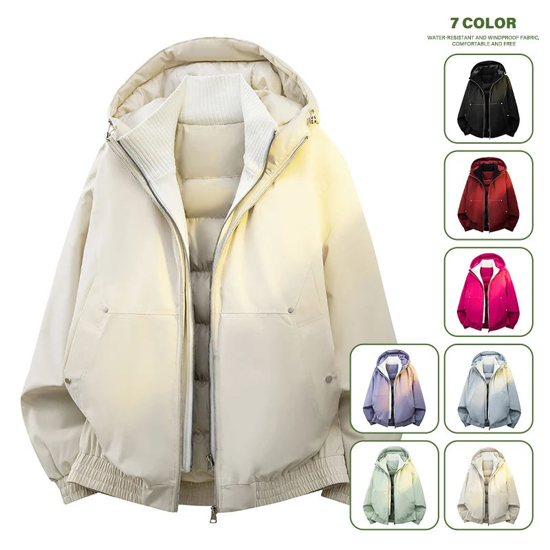 Ladies Fake Two Piece Hooded Padded Coat Rib Collar Zip Up Loose Elastic Hem Windproof Casual Winter Puffer Jacket