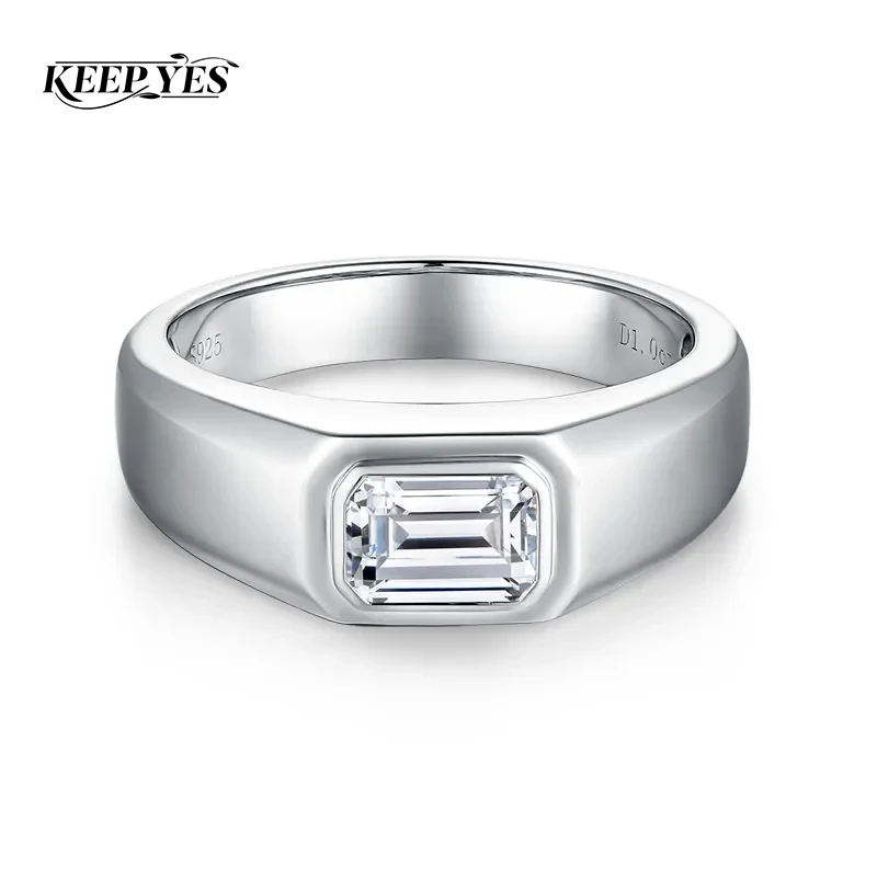 KEEP YES 5*7mm 1.0ct Emerald Cut Moissanite Diamond Engagement Ring for Men 925 Sterling Silver Plated 18K Gold Wedding Band