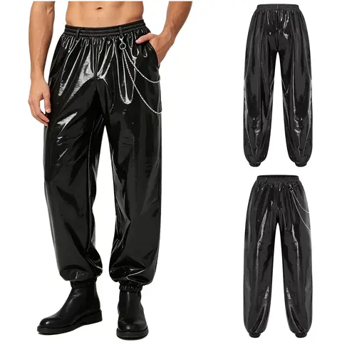 Mens Glossy PU Leather Jogger Pants Metal Chain Elastic Waistband Long Pants Punk Trousers with Side Pockets Clubwear Party Wear
