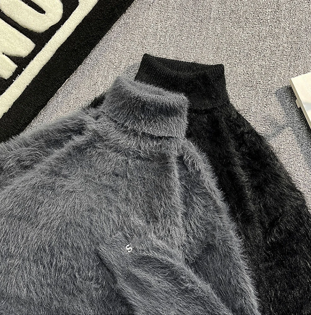 

Faux Mink Fur Knitted Turtleneck Sweater Men Autumn Loose Fit Pullover Solid Color American Style Lazy Casual Men's Knitwear