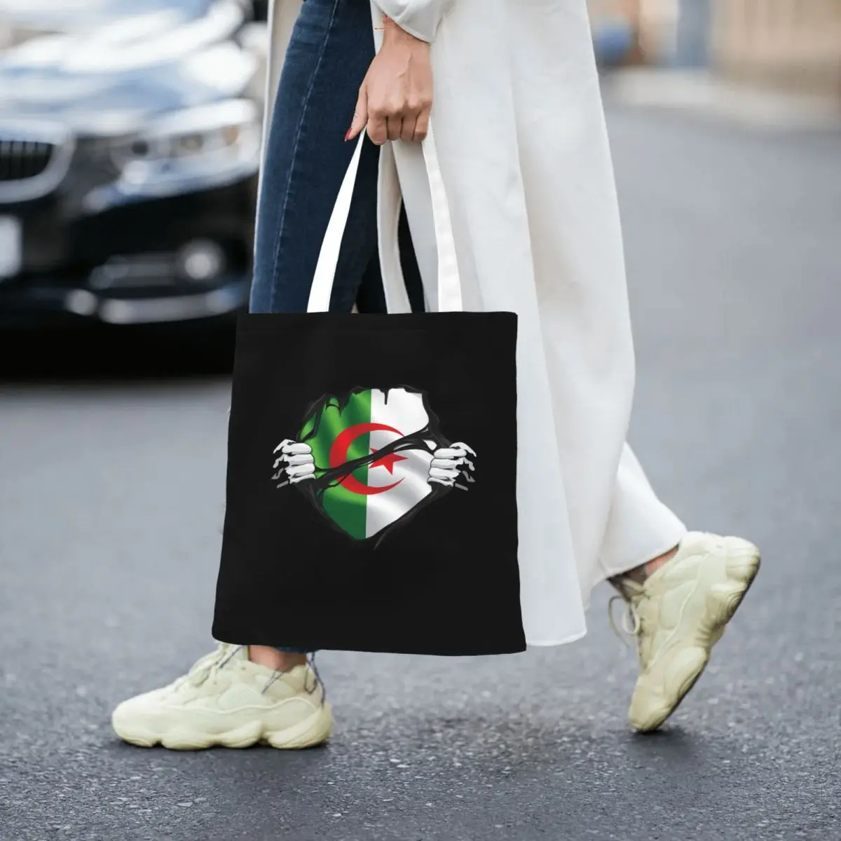 Algerian Pure Blood Flag Black Shopping Bags Reusable Canvas The Tote Bag Women Shoulder Tote Travel Handbag